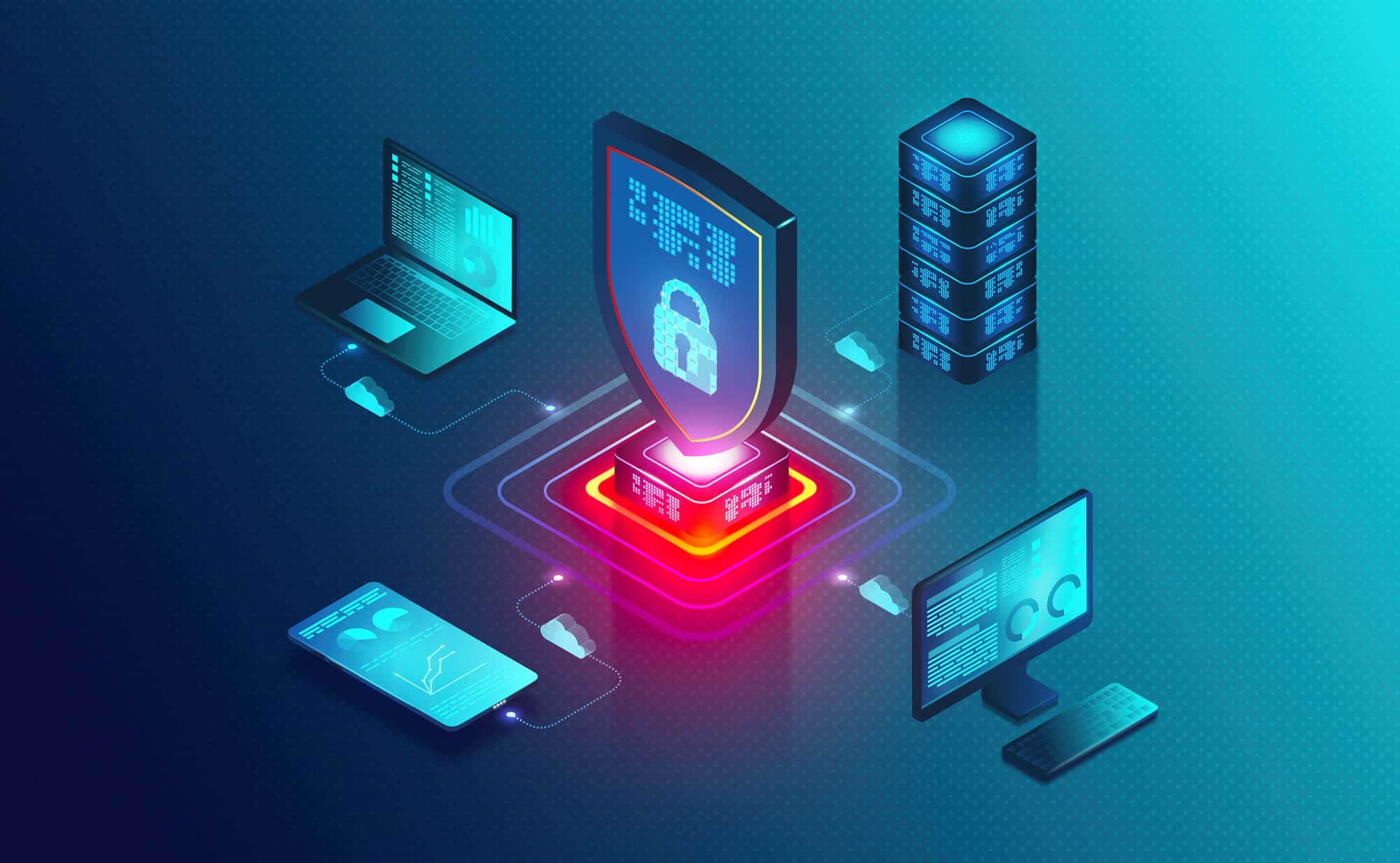 Digital security shield icon, padlock symbols, and network security elements displayed against a high-tech blue background conveying protection and cybersecurity defense