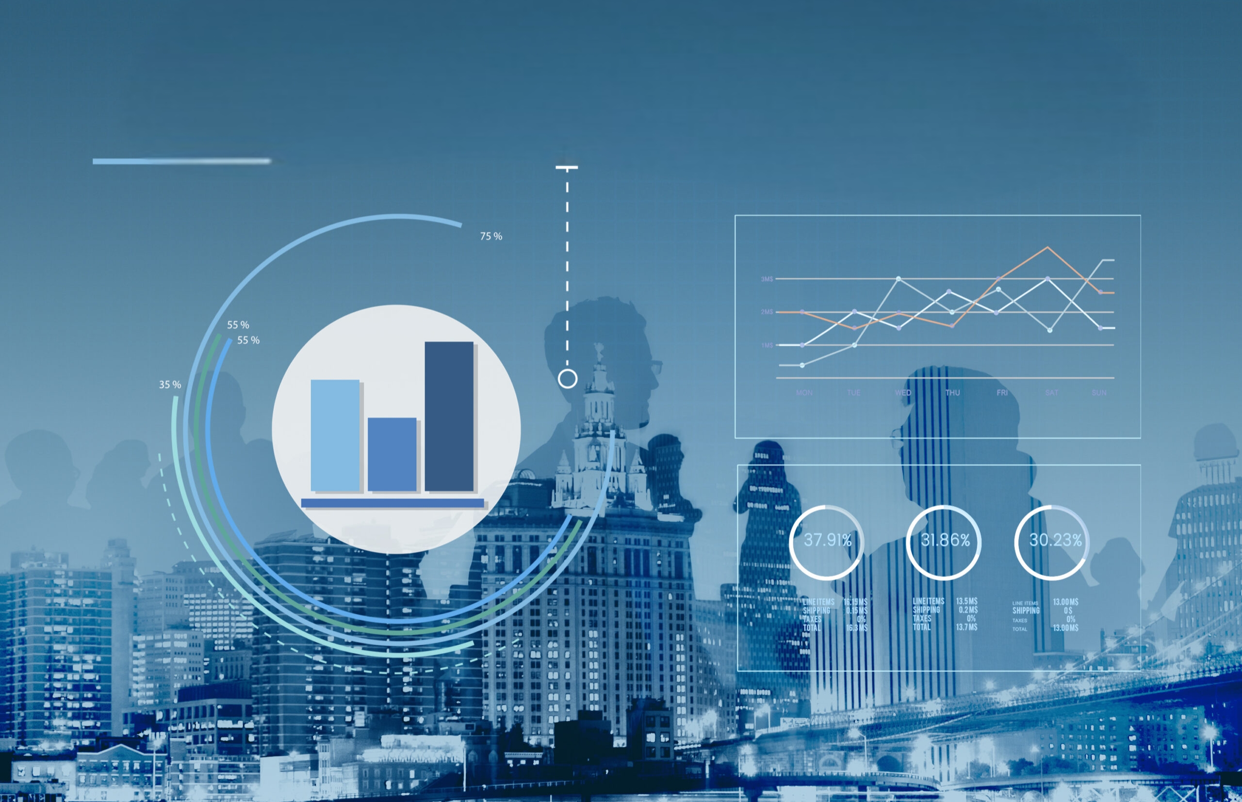 Multiple data visualization charts including bar graphs, line graphs, and pie charts displaying business analytics and statistical insights in a professional blue color scheme