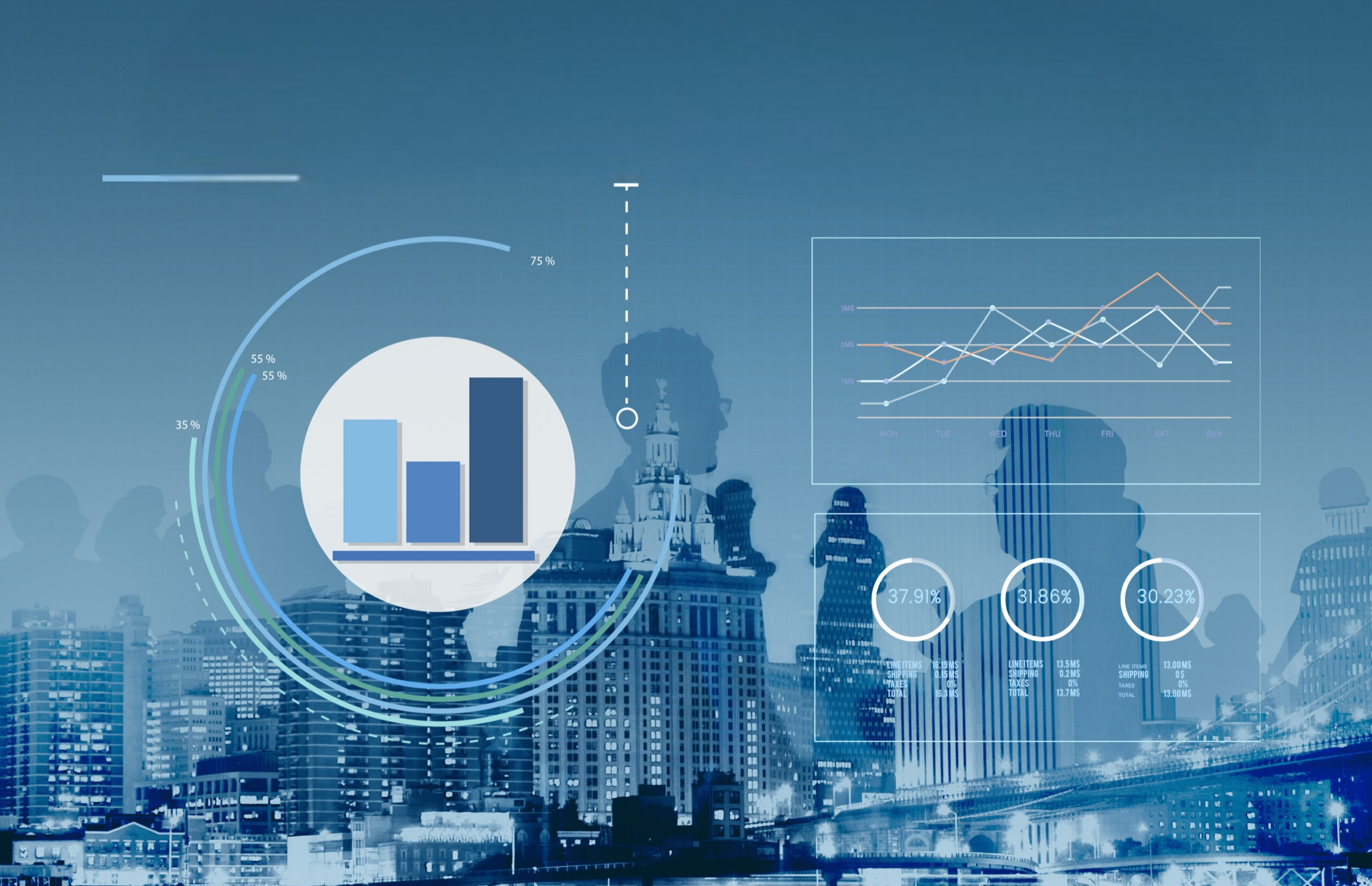 Multiple data visualization charts including bar graphs, line graphs, and pie charts displaying business analytics and statistical insights in a professional blue color scheme