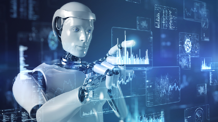 Robotic arm or autonomous robot displaying mechanical components, circuit boards, and electronic sensors in a technology workshop environment