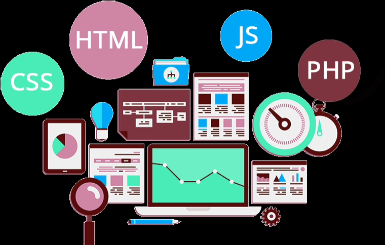 Computer screen displaying responsive website layout with code editor interface and colorful user interface elements representing modern web development